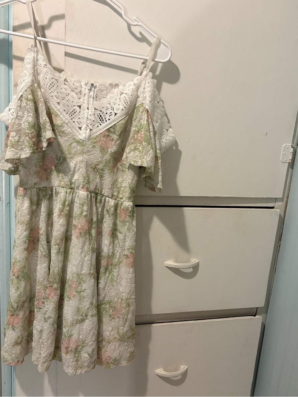 Disney White Lace Off the Shoulder Dress with Pink Floral & Green Leaf Print